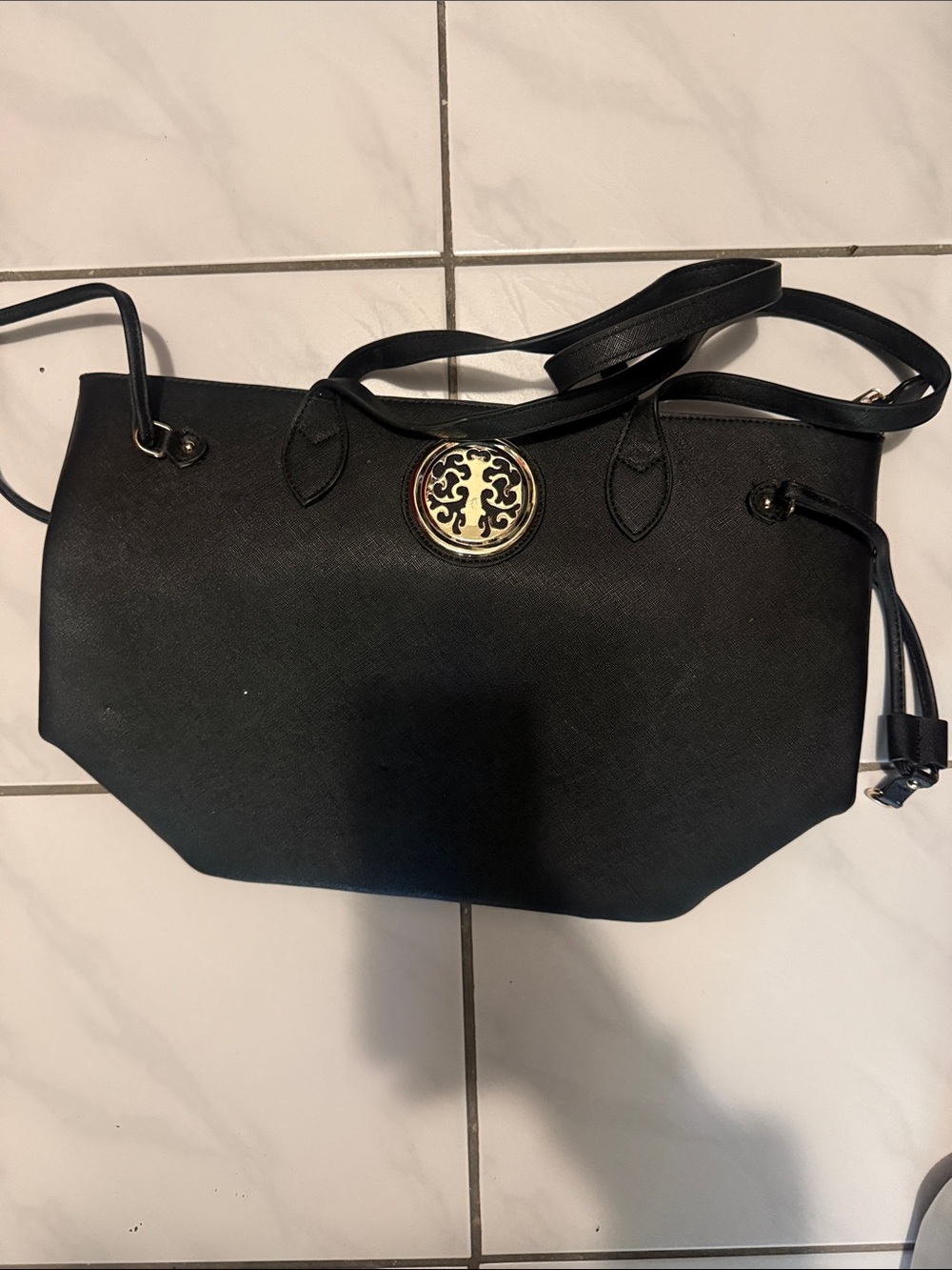 Black Women's Tote Bag with Gold Medallion